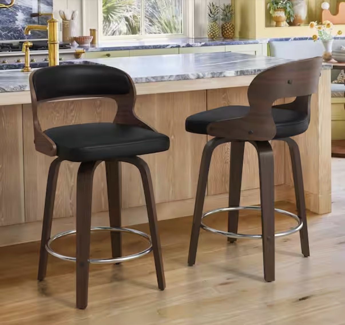 2X Black 26” Faux Leather Swivel Barstools 