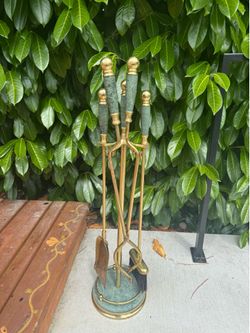 Vintage Brass and Green Marble Fireplace Tool Set Hollywood Regency 90s