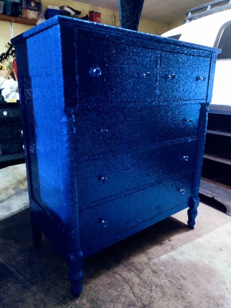 Antique Royal Blue Dresser  W/2  Matching Tall Nightstand Cabinets  & 1 Small Nightstands $550