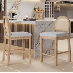 ModernLuxe Upholstered counter stool Solid Wood Frame Natural Rattan Woven Back for Kitchen Island