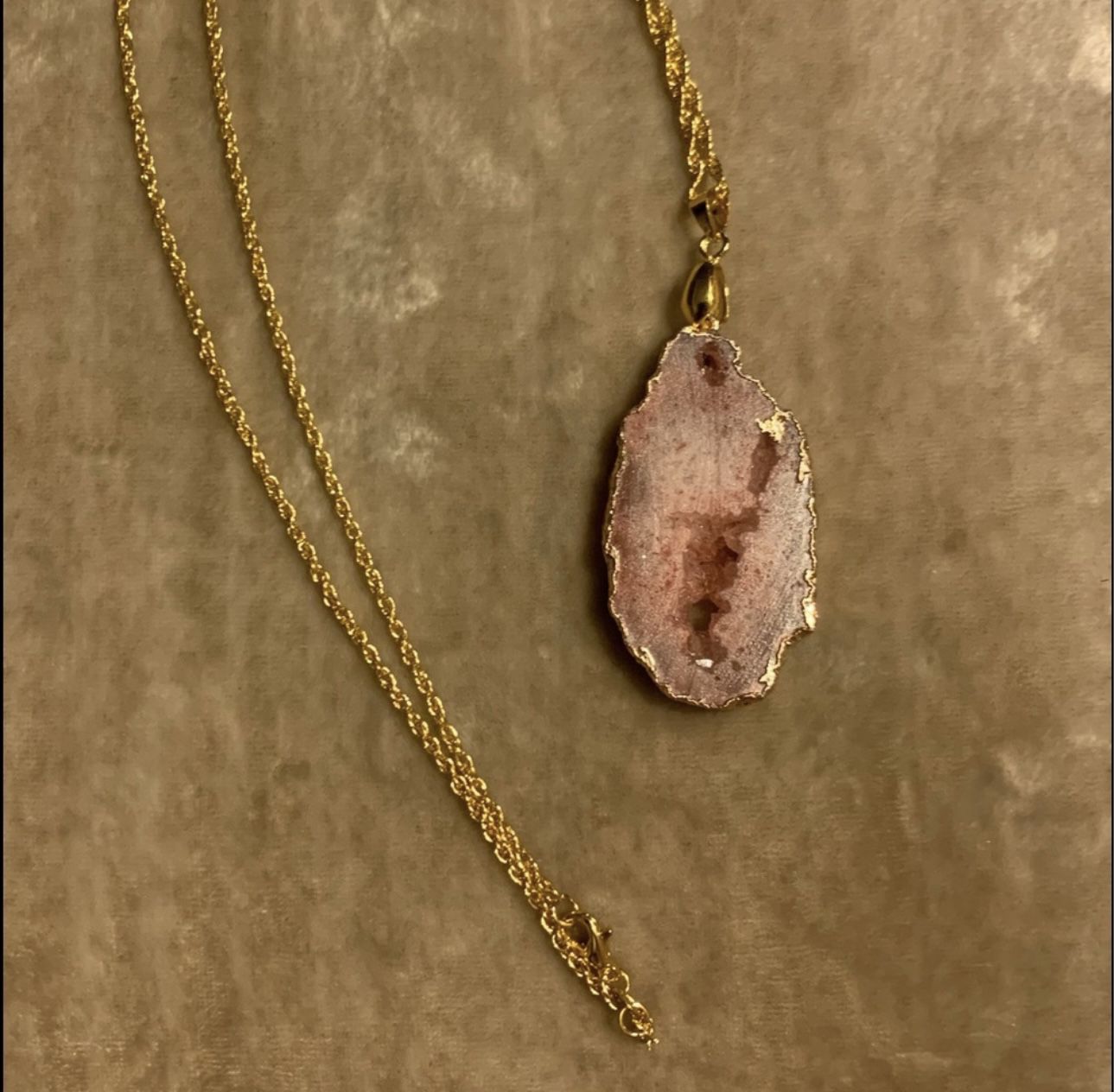 Orange Crystal Agate Druzy Quartz Pendant With A Gold Plated Chain Necklace 