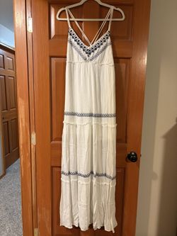 White Maxi Dress With Blue Embroidery