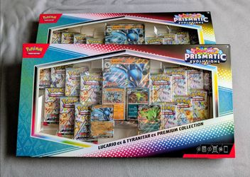 Two New, Unopened Pokemon Prismatic Evolutions Lucario ex & Tyranitar ex Premium Collections (Sam's Club)
