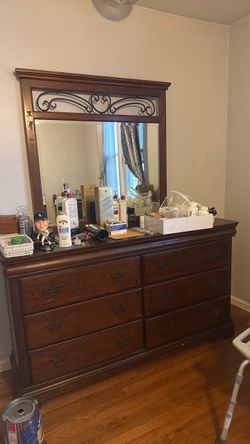 Wood Dresser with Mirror and Metal Scrollwork