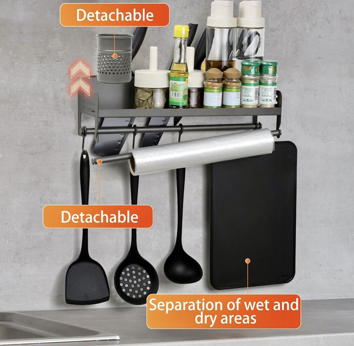 Spice Rack, Hanging Spice Rack with Hooks - Kitchen Utensil Organizer Wall Mounted shelves storage