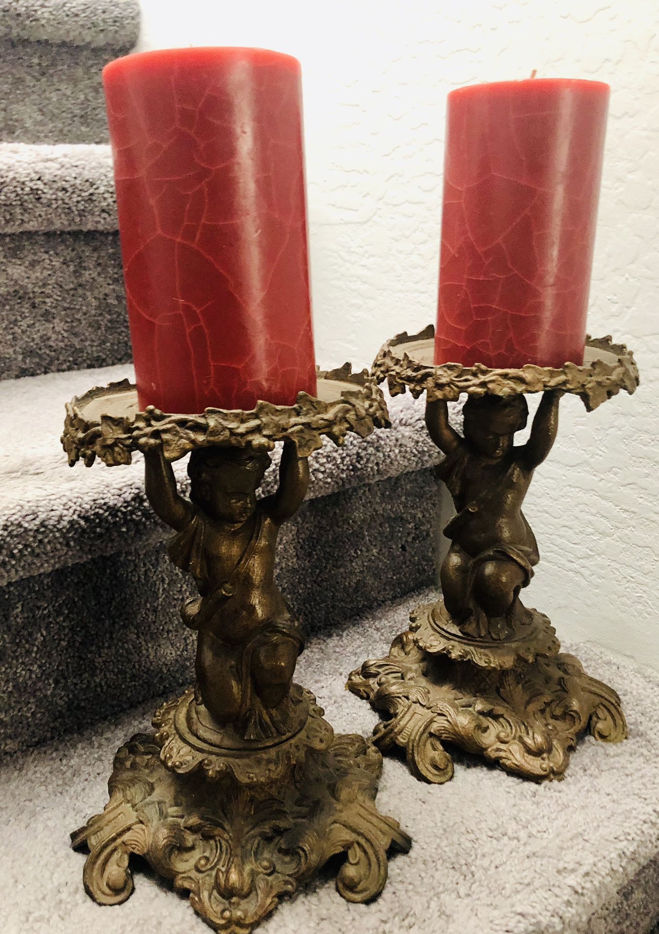 Beautiful item! Pair of Antique angel cherub metal ornate candle holders
