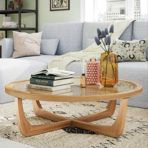 NEW Glass Coffee Table with Solid Wood Frame