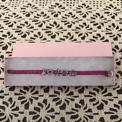 Pink strap bracelet with buckle. Buckle pink glitter bracelet with ballerina, boot, crown, heart, rhinestones and purse charms. Girls bracelet. 