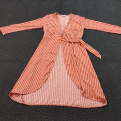 S Time and Tru Striped White and Coral Wrap Dress Long Sleeve