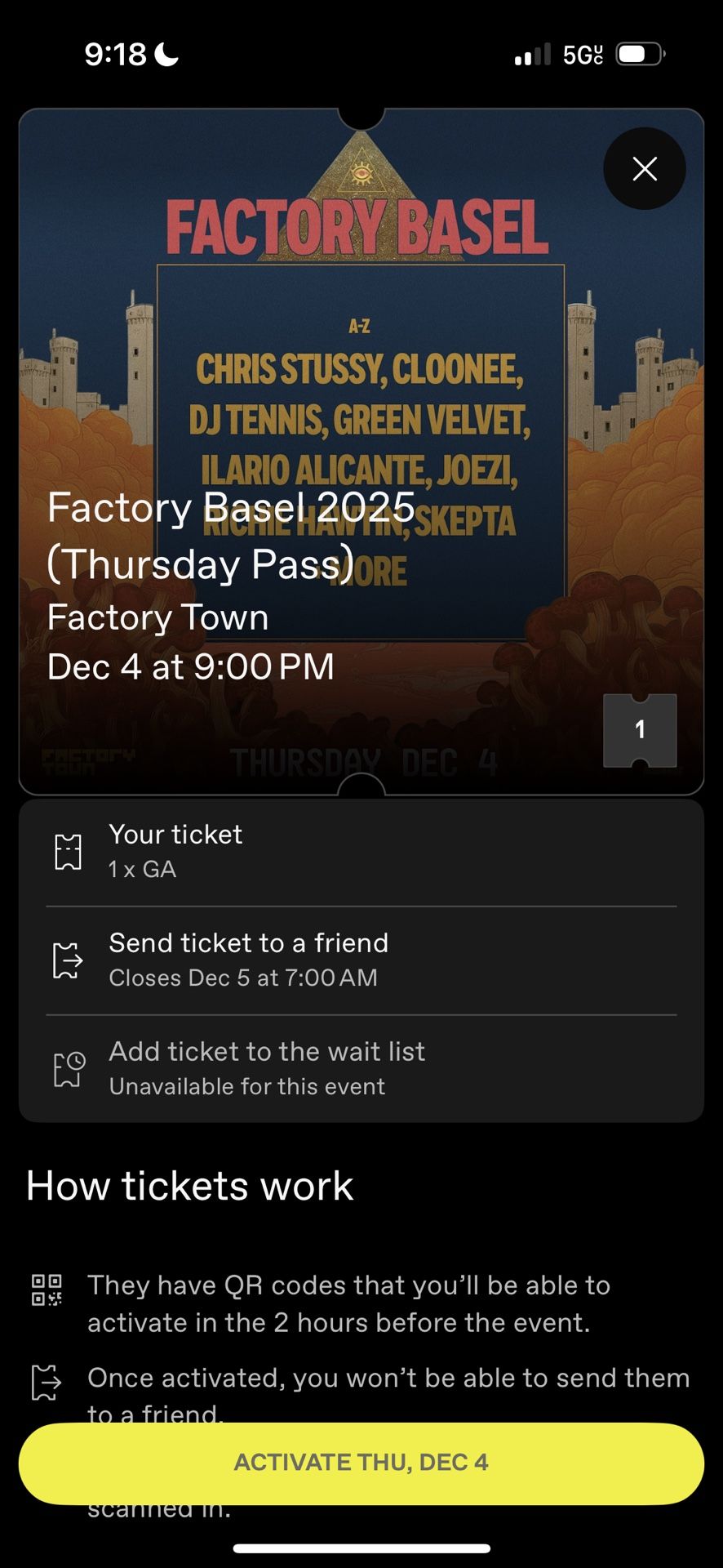 Thursday Pass Factory Basel 2025 Dec 4th (2 Tickets Available)