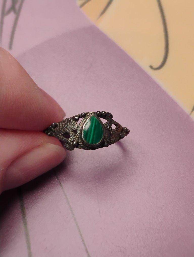 Vintage .925 Silver & Malachite Ring Size:7