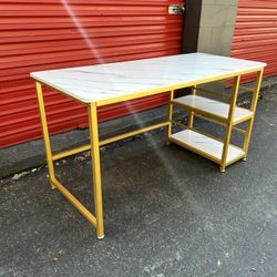 White Faux Marble and Gold Desk