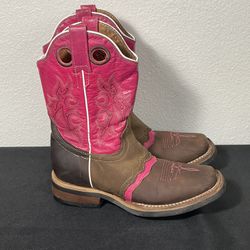 El General Pink and Brown Leather Square Toe Western Boots. Size 5
