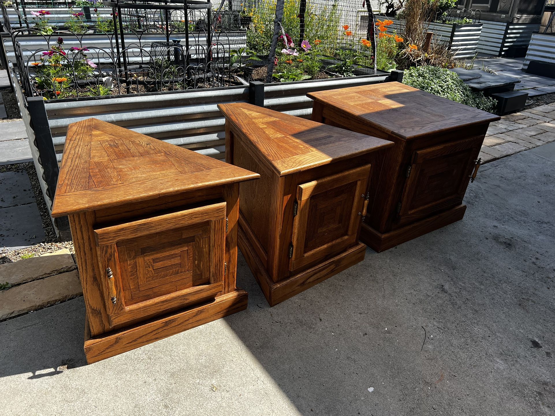 Vintage Solid Oak End Tables w/Doors & Storage