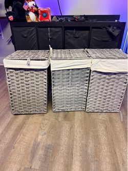 3x Greenstell 60L Woven Laundry Hampers with Lids and Liner.