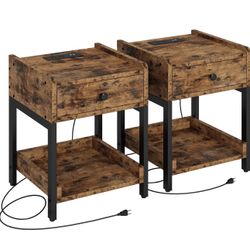 LIKIMIO Nightstand, Set of 2 Bedside Table with Charging Station, Vintage Brown