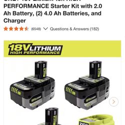 RYOBI ONE+ 18V Lithium-Ion Starter Kit with 4.0 Ah & 2.0 Ah Battery, and Charger