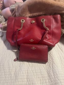 Coach Red Leather Tote Bag and Wallet Set