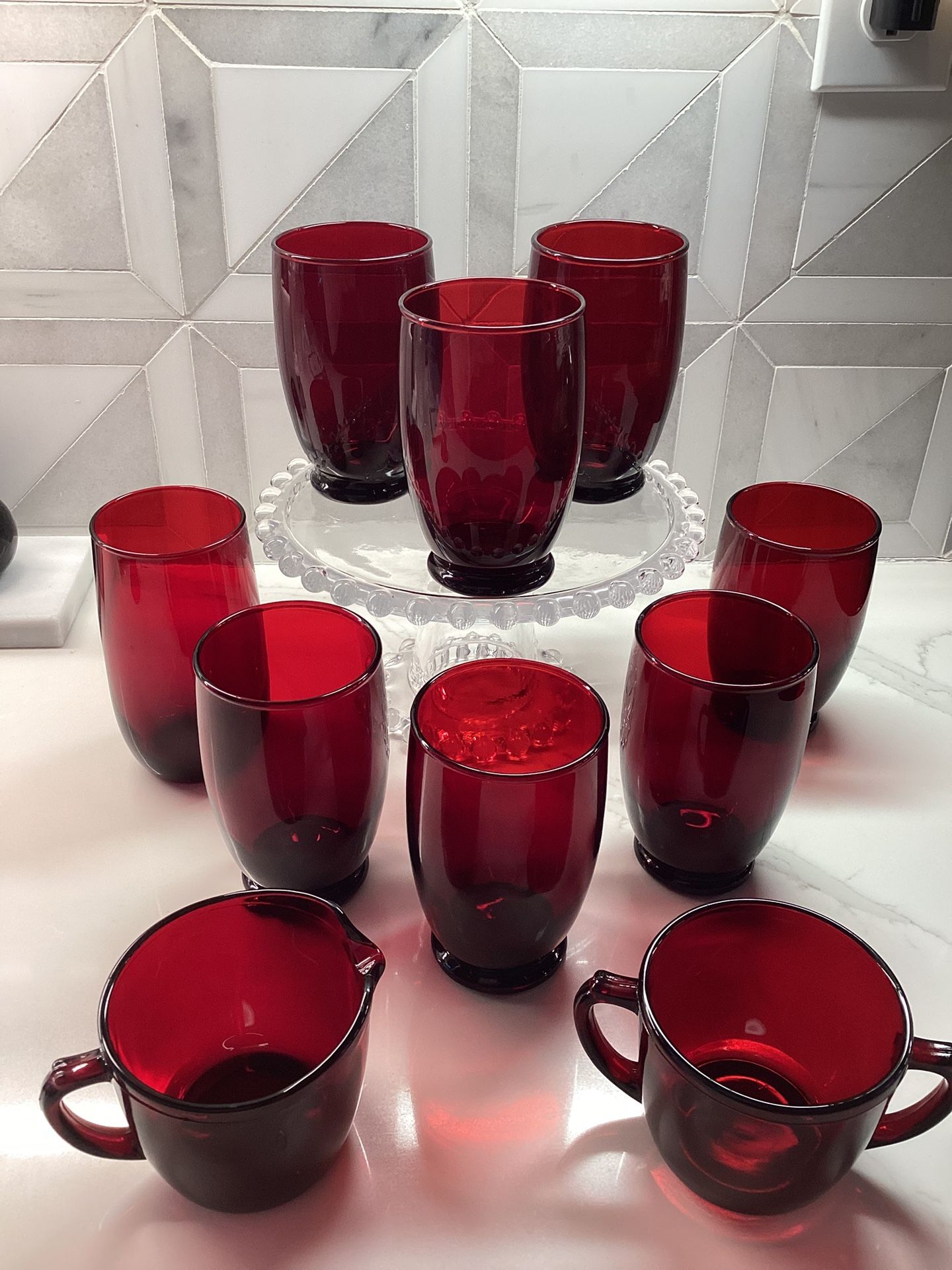 (SET OF 8 (12 oz) GLASSES + SUGAR & CREAMER) Vintage 70’s Anchor Hocking Royal Ruby Red