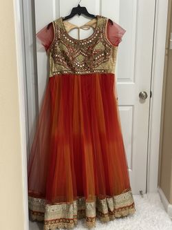 Indian Saree midi dress orange/gold embroidered beaded sequined top SZ XL