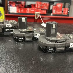 RYOBI batteries 1.5 ah $25 2 ah $35 4 ah $50 4 ah high performance $70 6 ah high performance $85 8 ah high performance $115