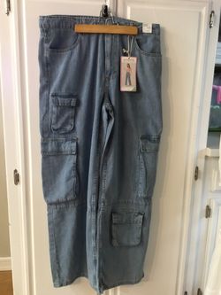 New Simple Society Low Rise Slouch Wide Leg Cargo Denim Jeans Women’s Size 13/31