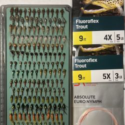 14 Dozen (168) Fly Fishing Nymphs From Umpqua, Rio, MFC. Free Tacky Box And Leaders