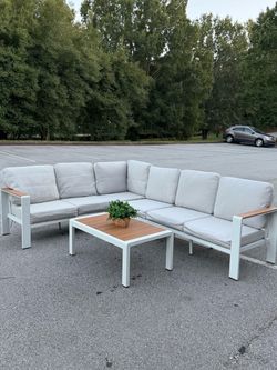 Aluminum Outdoor Patio Furniture Set 6 Seats, Outdoor Sectional Corner Sofa Set, Patio Conversation Sets with Washable Cushions & Coffee Table, Patio