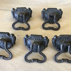 Vtg Set of 5 Ornate Pressed Metal Swinging Bail Handle Cabinet Pulls