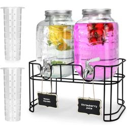 1 Gallon Glass Drink Dispensers For Parties 2PACK.Beverage Dispenser,Glass Drink Dispenser With Stand And Stainless Steel Spigot 100% Leakproof.Lemona