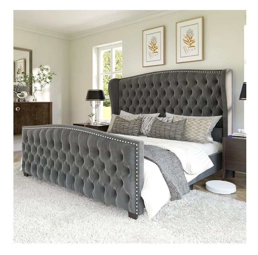 Velvet Upholstered King Bed Frame
