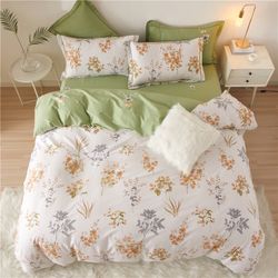 New Floral Cotton Duvet Cover Queen Light Orange Flower Garden, Bedding Set 3 Pcs Comforter Cover 2 Pillowcases Zipper Closure Soft Breathable Comfy