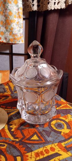 Vintage Fostoria Elegant Clear Coin Glass Sugar Bowl with Lid 7" High 4" Diam.