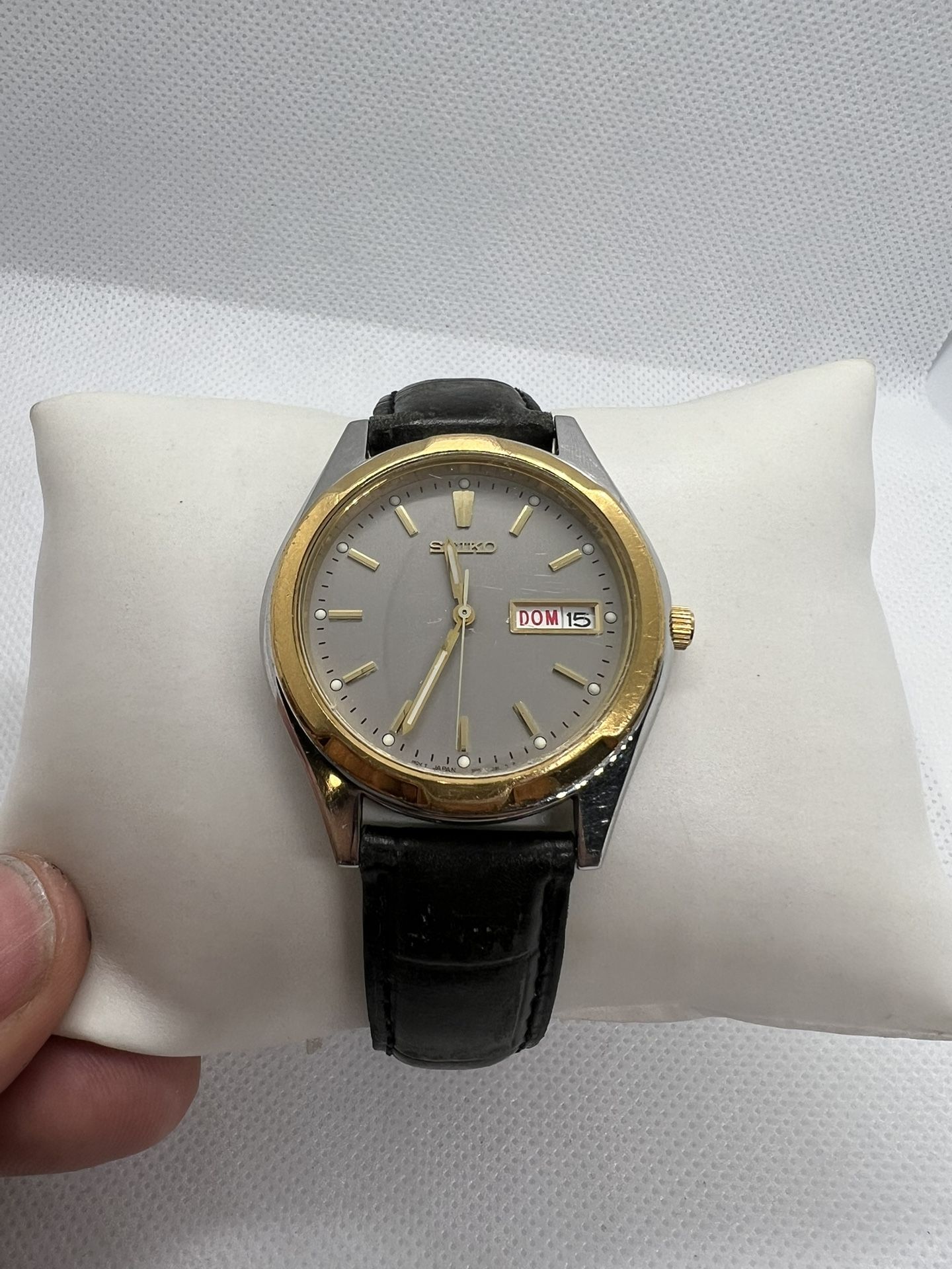 🌑🌕Rare Handsome Unique Gold-Silver Seiko Men's Watch Day/Date Calfskin🌕🌑