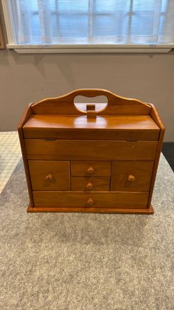 Vintage Wooden Sewing Box Organizer – Red Velvet Lined Multi Drawer