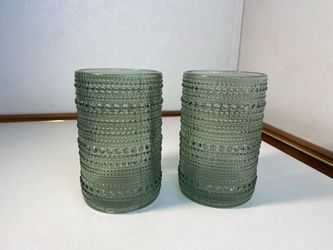 12oz Green Highball Glasses, Set of 4, Thick Beaded Textured Glass