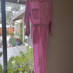 VTG 80s JOAN WALTERS Jumpsuit Sz 6 Baby Pink Long Sleeve Shoulder Pads Romper