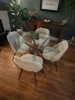 Mid-Century Modern Glass Dining Set - 4 Upholstered Chairs