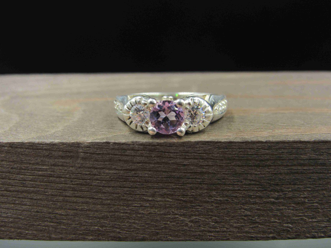 Size 5 Sterling Silver Petite Round Amethyst & CZ Stone Band Ring Vintage Statement Engagement Wedding Promise Anniversary Cocktail