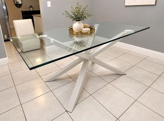 Modern Glass Dining Table with White Metal Base