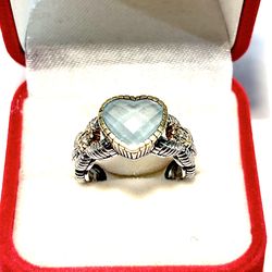 New one-of-a-kind 18 karat gold & .925 silver ring with aquamarine and authentic diamonds. Size 7.