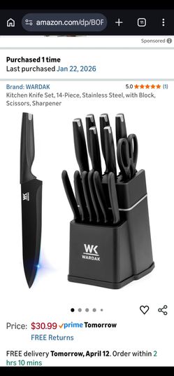 WARDAK Kitchen Knife Set 14 piece Stainless Steel w/Block Scissors, Sharpener (New)