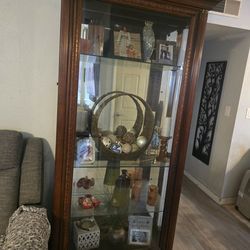Large Wooden Curio Cabinet / Display Case – Glass Shelves – 80” Tall