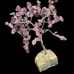 Gemstone tree sculpture with purple amethyst gemstone chip leaves and green quartz base