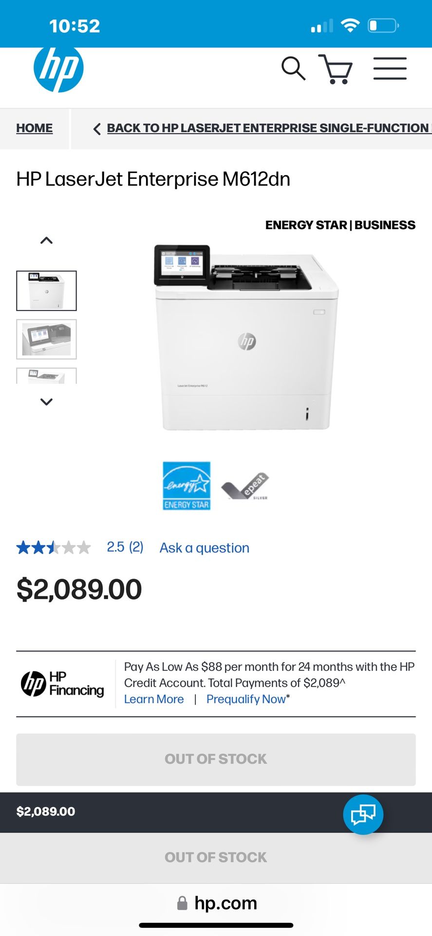 HP LaserJet Enterprise M612dn Monochrome Workgroup Printer