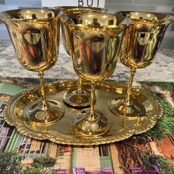 Gold Plated Goblet Set Of 4 With Tray