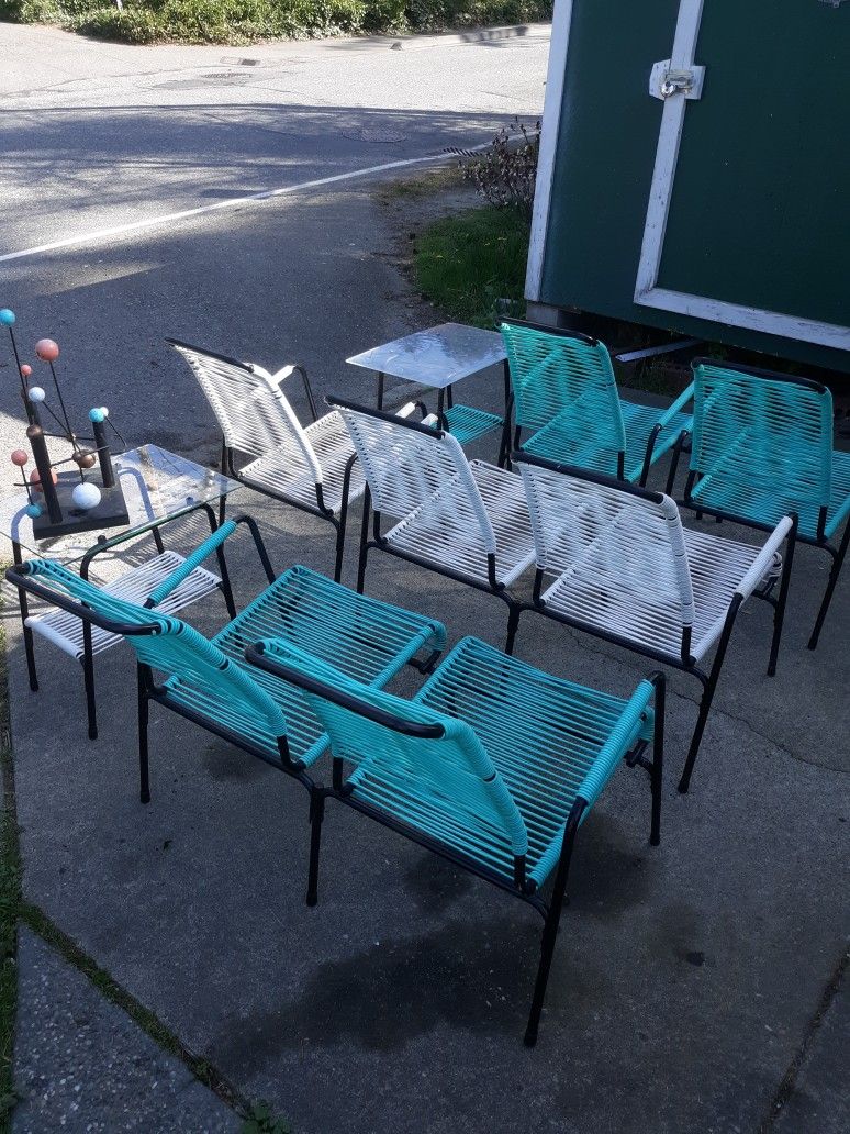 Vintage Lawn Patio Furniture Set Turquoise And White Chairs Benches Tables Stacking