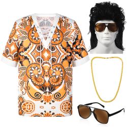 Men 70s Hippie Shirt With Wig glasses Chain 3xl 