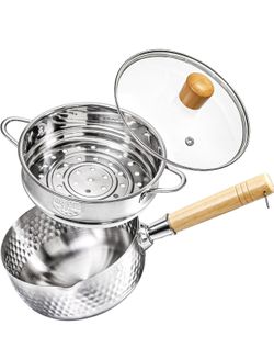 Stainless Steel Saucepan with Steamer, 1.2 Quart Yukihira Sauce Pan with Lid, Traditional Japanese Small Cooking Pot with Wood Handle and Two Side Spo