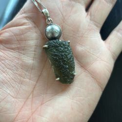 Moldavite With Meteorite necklace, Sterling Silver  
